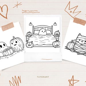 May include: Three black and white illustrations of Halloween-themed characters. One shows a ghost with a pumpkin, another a ghost in bed, and the last a cat wrapped in bandages. The images are on white polaroid-style cards.