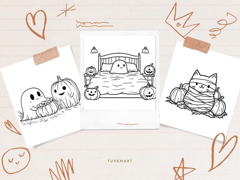 May include: Three black and white illustrations of Halloween-themed characters. One shows a ghost with a pumpkin, another a ghost in bed, and the last a cat wrapped in bandages. The images are on white polaroid-style cards.