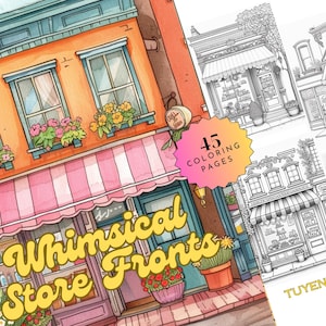 Kolorowanka Whimsical Store Fronts, Kolorowanka Shopfronts, Arkusze do kolorowania Storefronts Urban Sketch, Skala szarości Storefront, Pliki PDF