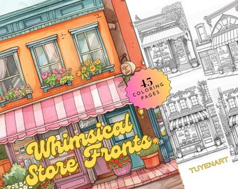 Whimsical Store Fronts Coloring Book, Shopfronts Coloring Page, Storefronts Urban Sketch Coloring Sheets, Storefront Grayscale, PDF Files