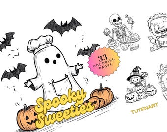 May include: A black and white colouring book with 33 pages of spooky Halloween themed illustrations. The cover features a ghost wearing a chef's hat and holding a rolling pin, with the text "Spooky Sweets" in a whimsical font. There are also pumpkins, bats, and other Halloween imagery.