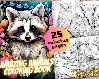 Amazing Animals Adult Coloring Book, Printable Coloring Book PDF, Instant Download