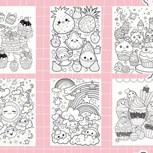 May include: Six black and white coloring pages featuring cute cartoon characters. The pages include a rainbow, cupcakes, fruit, and clouds.