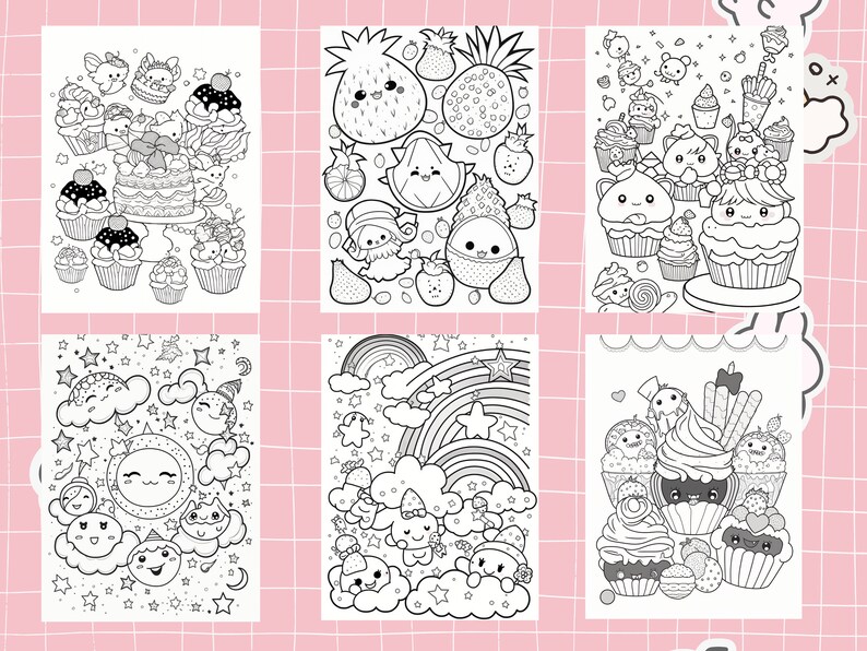 May include: Six black and white coloring pages featuring cute cartoon characters. The pages include a rainbow, cupcakes, fruit, and clouds.