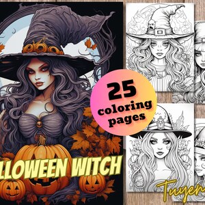 Halloween Witch Coloring Book, Gothic Pumpkin Witch Coloring Pages for Kids and Adults, Digital Download, Printable PDF