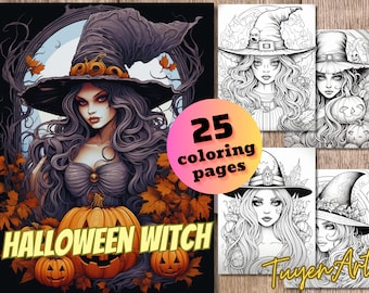 Halloween Witch Coloring Book, Gothic Pumpkin Witch Coloring Pages for Kids and Adults, Digital Download, Printable PDF