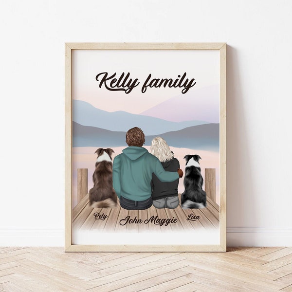 Personlaized Couple Portrait with Dogs, Digital File, Personalized Family Wall Art, Family Print, Couple Gift, Xmas