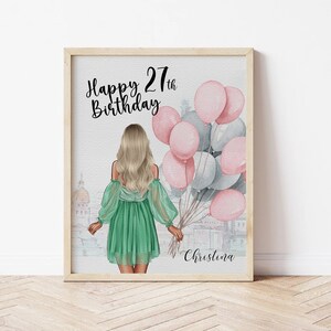 Cartão de aniversário feminino personalizado com balões, feito à mão feminino 18 21 30 40 50 cartão grande feminino para amiga e filha