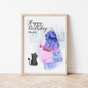 Benutzerdefinierte Cool Kitty Karte zum Geburtstag, personalisierte Mädchen Geburtstagskarte mit Städten, einzigartige Speicherkarte, Farbe Mädchen Postkarte
