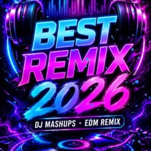 Puede incluir: Un gráfico digital con texto grande y brillante en azul y rosa que dice BEST REMIX 2026, con DJ MASHUPS EDM REMIX debajo. El diseño incluye auriculares negros en la parte superior, un disco de vinilo en la base y un ecualizador de neón.