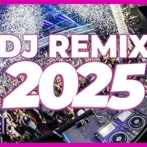 Op de afbeelding: Een afbeelding van een DJ die optreedt op een concert, met de tekst "DJ REMIX 2025" in het wit. De scène is gevuld met een menigte, confetti en podiumverlichting, wat een levendige sfeer creëert.