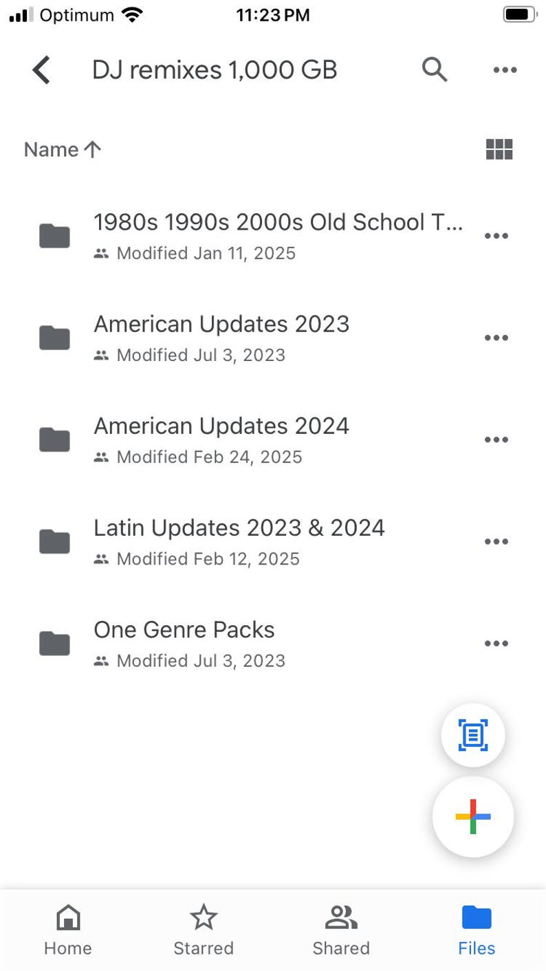 May include: Screenshot of a mobile phone screen displaying a file manager app with a list of folders. The folders are named "1980s 1990s 2000s Old School T...", "American Updates 2023", "American Updates 2024", "Latin Updates 2023 & 2024", and "One Genre Packs". The folders are arranged by date modified, with the most recently modified folder at the top of the list.