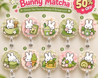 May include: Ten round badge reels featuring white bunny illustrations with matcha-themed items like tea, pancakes, and sweets. Each numbered reel has a unique background pattern and a clear plastic strap with a metal snap button closure.