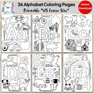 Pode incluir: P&aacute;ginas para colorir do alfabeto imprim&iacute;veis em preto e branco. Cada p&aacute;gina apresenta uma letra com imagens correspondentes. O texto diz: "26 Alphabet Coloring Pages Printable *US Letter Size* Instant Download."