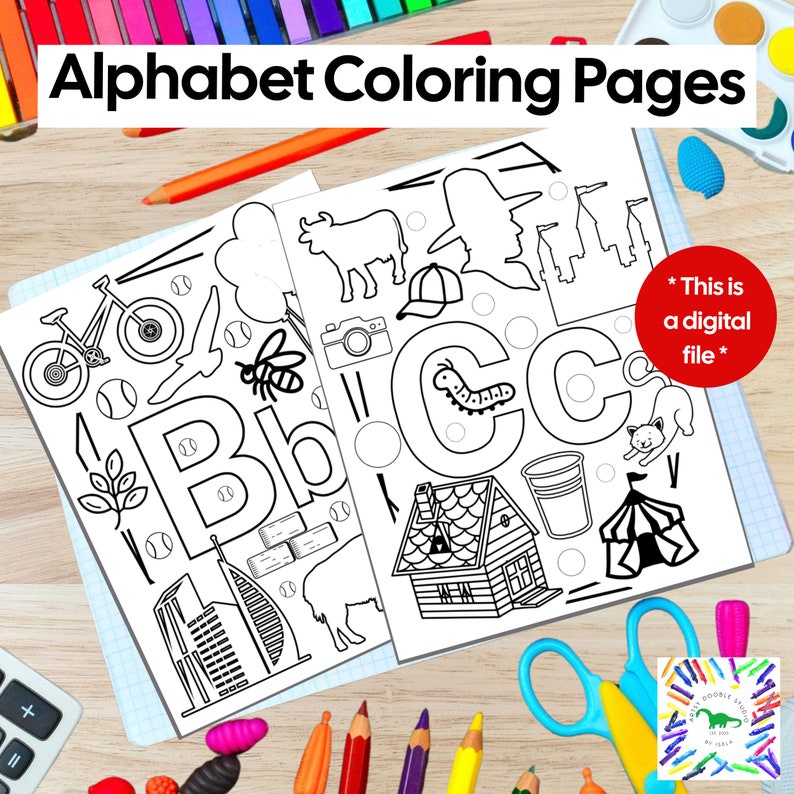 Pode incluir: Duas p&aacute;ginas para colorir do alfabeto em preto e branco com ilustra&ccedil;&otilde;es de objetos que come&ccedil;am com as letras B e C. As p&aacute;ginas est&atilde;o em papel quadriculado azul, com o texto "Alphabet Coloring Pages" no topo. Um c&iacute;rculo vermelho com o texto "* This is a digital file *" est&aacute; &agrave; direita.