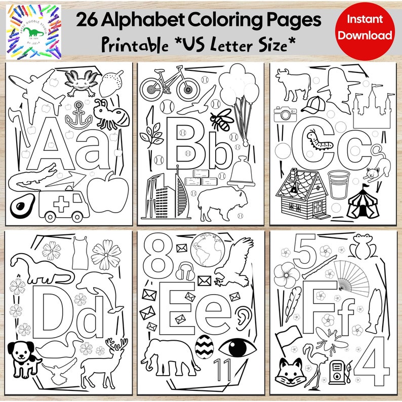 Pode incluir: P&aacute;ginas para colorir do alfabeto imprim&iacute;veis em preto e branco. Cada p&aacute;gina apresenta uma letra com imagens correspondentes. O texto diz: "26 Alphabet Coloring Pages Printable *US Letter Size* Instant Download."