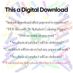 Pode incluir: Gr&aacute;fico de download digital com texto: "This a Digital Download". Inclui informa&ccedil;&otilde;es sobre downloads instant&acirc;neos, arquivos PDF com 26 p&aacute;ginas para colorir do alfabeto e que nenhum produto f&iacute;sico ser&aacute; entregue.