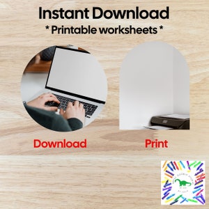 Pode incluir: Imagem com o texto "Download Instant&acirc;neo * Folhas de trabalho imprim&iacute;veis *." A imagem mostra um laptop com m&atilde;os digitando, rotulado "Download", e uma impressora, rotulada "Imprimir". Um logotipo com um dinossauro e l&aacute;pis de cor est&aacute; no canto.
