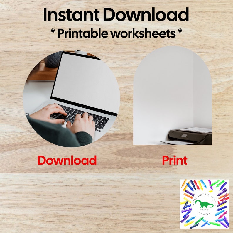Pode incluir: Imagem com o texto "Download Instant&acirc;neo * Folhas de trabalho imprim&iacute;veis *." A imagem mostra um laptop com m&atilde;os digitando, rotulado "Download", e uma impressora, rotulada "Imprimir". Um logotipo com um dinossauro e l&aacute;pis de cor est&aacute; no canto.
