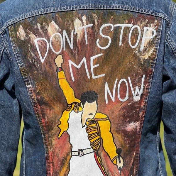 Don't Stop Me Now | Hand-painted Levi's Denim Jacket | Upcycled jean jacket | Size L | Oscar's Jax