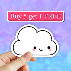 May include: A white cloud sticker with a black outline, smiling face, and pink cheeks. A pink rectangular banner above the cloud reads "Buy 5 get 1 FREE" in white text. The background is a mix of purple and blue.