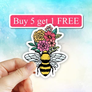 Floral Honey Bee Sticker, bumble Bee Stickers, bee decal, Laptop Decal, Water bottle Stickers, nature Sticker, Waterproof Stickers, flower