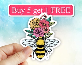 Floral Honey Bee Sticker, bumble Bee Stickers, bee decal, Laptop Decal, Water bottle Stickers, nature Sticker, Waterproof Stickers, flower