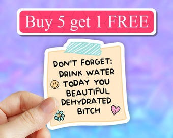 Drink water today you beautiful dehydrated bitch self note sticker, sarcastic, adhd, waterbottle stickers, hydrate diedrate laptop decal