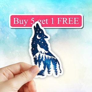Wolf howling sticker, night sky, galaxy wolf sticker, forest, wild life sticker, laptop stickers, wolf decal, nature stickers, water bottle