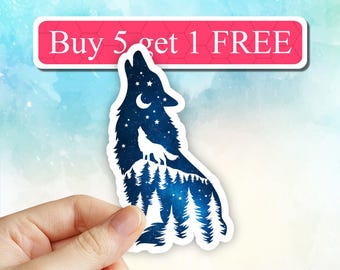Wolf howling sticker, night sky, galaxy wolf sticker, forest, wild life sticker, laptop stickers, wolf decal, nature stickers, water bottle
