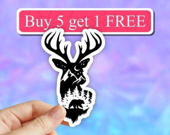Deer forest sticker, night sky, galaxy deer sticker, forest, wild life sticker, laptop stickers, wolf decal, nature stickers, water bottle