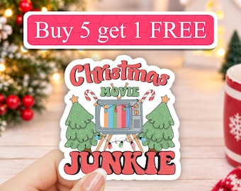 Christmas Movie Junkie Sticker, Retro Holiday TV Decal, Funny Xmas Movie Vinyl, Cozy Winter Sticker, Waterproof Laptop Decal, Xmas Decor