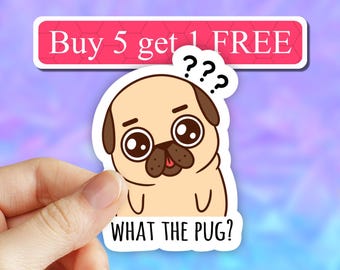 Pegatina de qué es el pug, divertida pegatina de pug, juegos de palabras con perros, pegatinas de perros, bonita pegatina de pug, calcomanía para computadora portátil, pegatinas para botellas de agua, pegatinas para computadora