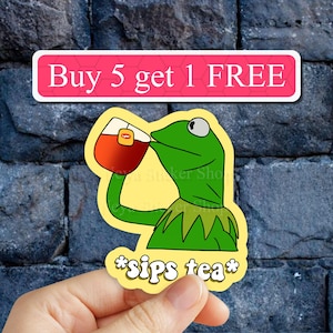 Sips tea frog Sticker, frog meme stickers, funny Laptop Stickers, funny meme decal, Vinyl Decal, Water bottle, Computer Stickers