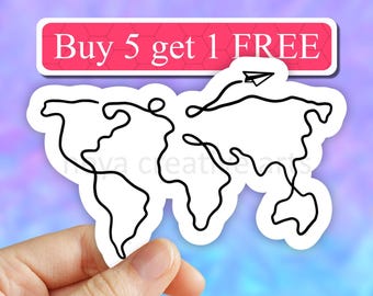 line drawing World map Sticker, Travel Stickers, Laptop Sticker, explore Stickers, travel the world Water bottle Stickers, Computer Stickers