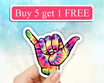 Hang Loose Sticker, Tie Dye Shaka Decal, Retro Hippie Surf Vinyl, Aloha Hand Sign Art, Water Bottle Laptop Decal, Waterproof Gift, hand sign
