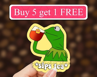 Sips tea frog Sticker, frog meme stickers, funny Laptop Stickers, funny meme decal, Vinyl Decal, Water bottle, Computer Stickers