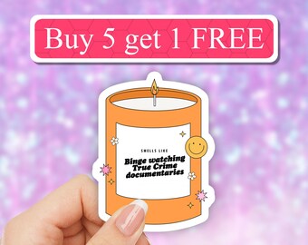 Binge watching true crime documentaries candle sticker, True crime podcast sticker, laptop, computer, tumbler, Funny crime show junkie decal