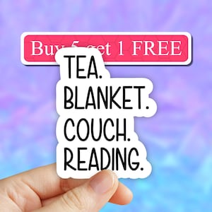 Tea blanket couch reading sticker, book nerd sticker, books laptop decals, bookworm tumbler stickers, books water bottle sticker, book water