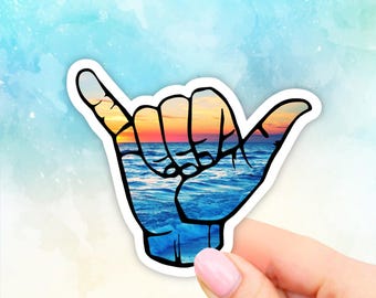 Sunset Beach Shaka Sticker, Hawaii Beach Hang Loose Sticker, VSCO Stickers, Wave Sticker, Aesthetic Stickers, Laptop, Waterbottle Stickers