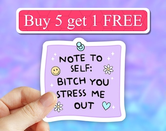 Self note, Bitch you stress me out funny sticky note sticker, sarcasm Stickers, sarcastic laptop decal, snarky sticker, quirky self reminder