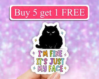 I'm Fine Its just my face funny black cat meme Sticker, i am fine Laptop Stickers, its fine sticker,  Water bottle stickers, Laptop decal