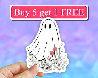 Pegatina de fantasma floral, lindo fantasma espeluznante de Halloween, pegatinas para computadora portátil, pegatinas de vinilo, calcomanía para botella de agua, pegatina para computadora, pegatinas para vaso