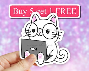 Nerdy working cat on laptop sticker, Cat mom funny sticker, laptop decal, water bottle sticker, cat tumbler stickers, laptop decal, car