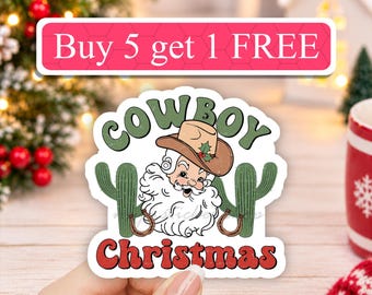 Cowboy Christmas Sticker, Western Santa Decal, Country Holiday Vinyl, Cactus Xmas Sticker, Waterproof Laptop Decal, Water Bottle Decal