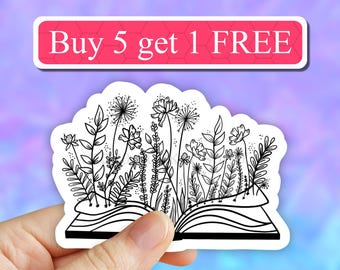 black book flower sticker, wildflowers book sticker, reading stickers, floral book stickers, read more books, laptop stickers, computer