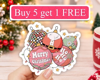 Ho Ho Ho Sticker, Retro Christmas Ornaments, Merry Christmas Decal, Boho Holiday Vinyl, Disco Ball Xmas, Waterproof Laptop Decal