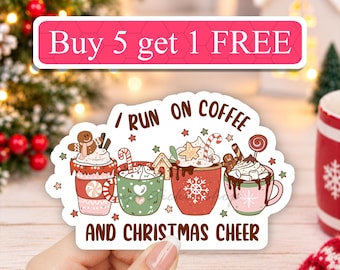 I Run On Coffee And Christmas Cheer Sticker, Hot Cocoa Decal, Holiday Coffee Vinyl, Funny Xmas Decal, Waterproof Laptop Decal, Winter Gift