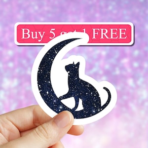Cat moon sticker, Crescent Moon Cat Decal, black cat sticker, Mystic Cat Witch Sticker, cat mom stickers, cosmic sticker, computer decal