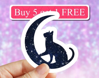 Cat moon sticker, Crescent Moon Cat Decal, black cat sticker, Mystic Cat Witch Sticker, cat mom stickers, cosmic sticker, computer decal